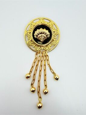 Vintage Gold Tone Dangle Brooch Ornate Chain Fringe Pin